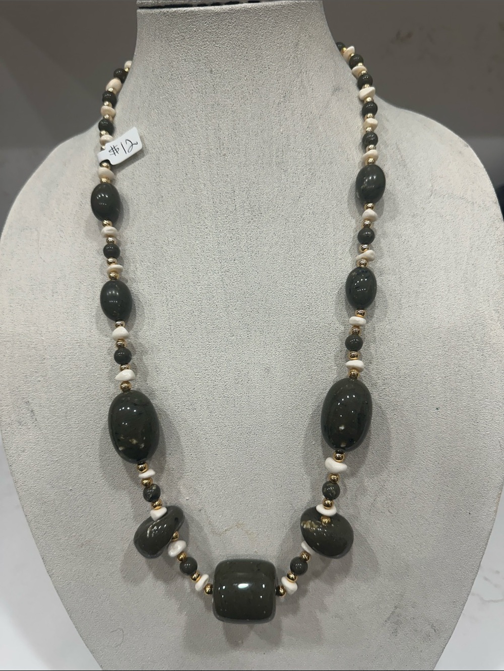 Green Beaded Statement Necklace with Cream Accents